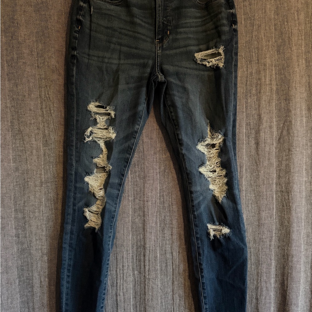 American Eagle Outfitters High Waisted Dark Blue Distressed Skinny Jeans 9L
